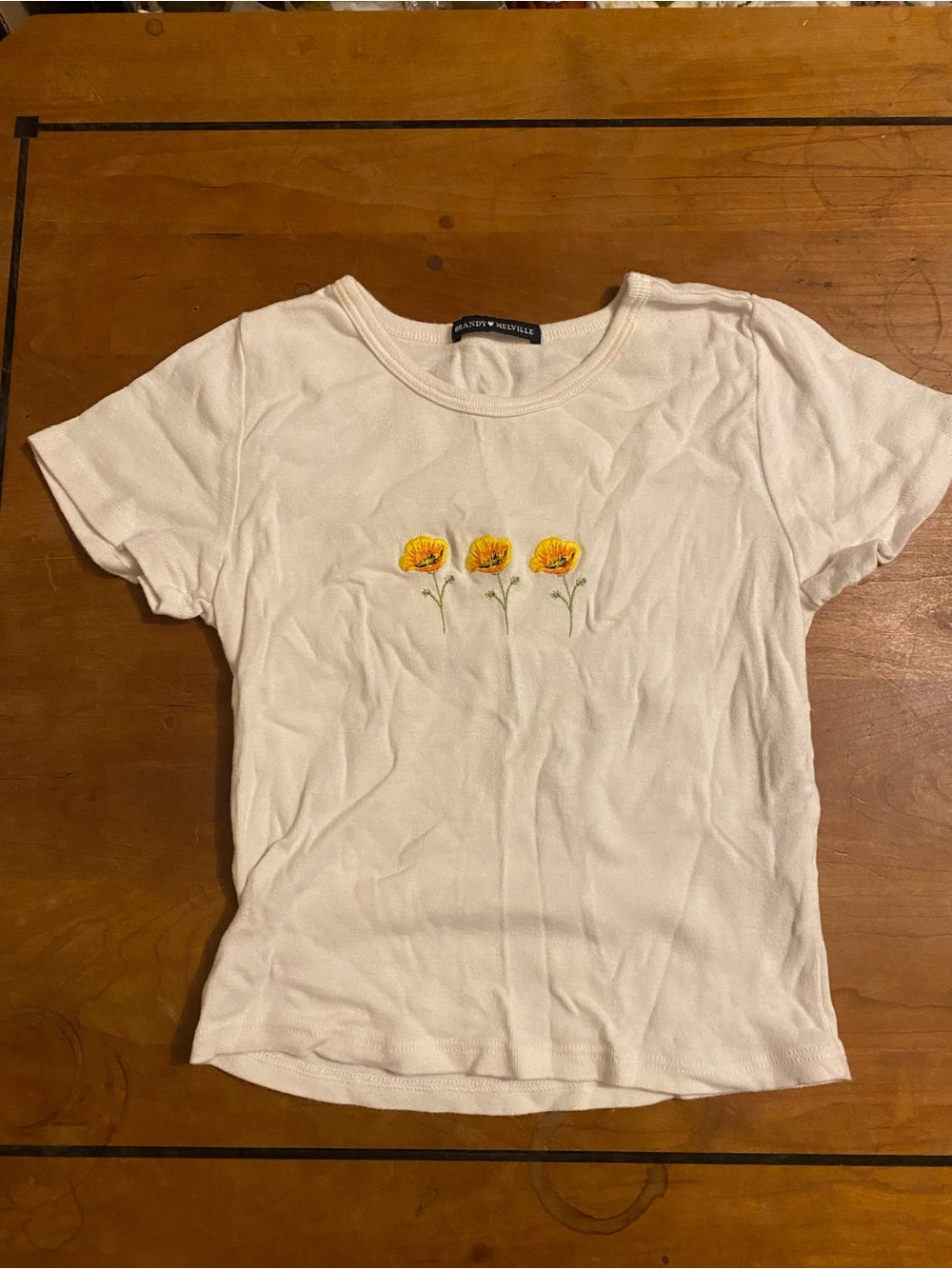 Brandy Melville White Short-Sleeve Tee with Yellow Floral Embroidery